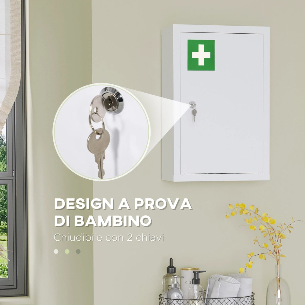 Armadietto Medicinali a 3 Ripiani con Serratura e 2 Chiavi, in Acciaio, 30x14x46 cm, Bianco