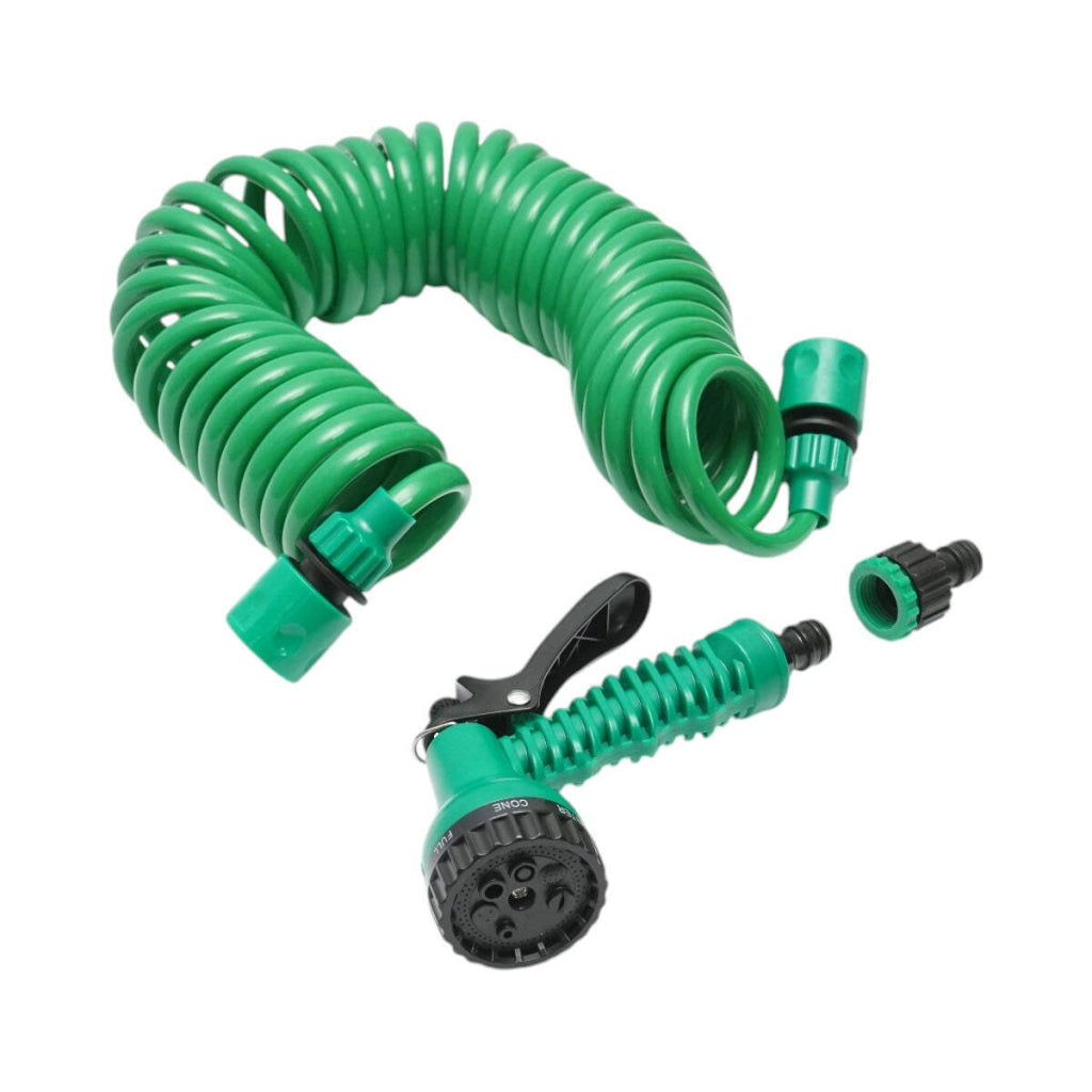 Tubo da giardino spirale estensibile 7.5 m con pistola regolabile a 7 funzioni, adattatore 3/4 e raccordo rapido 1/2