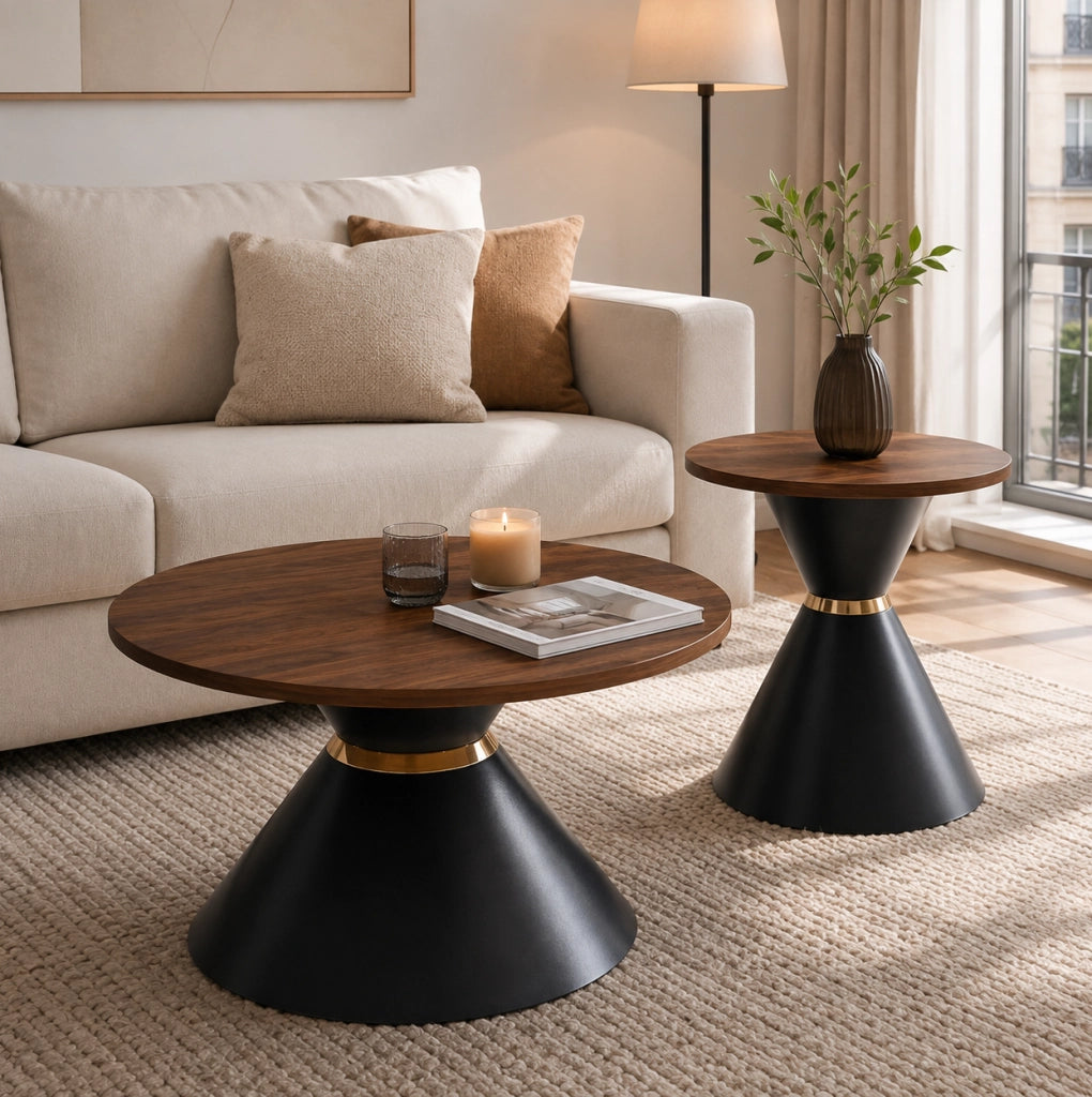 Set di 2 tavolini da caffè con design conico; in metallo; walnut e nero