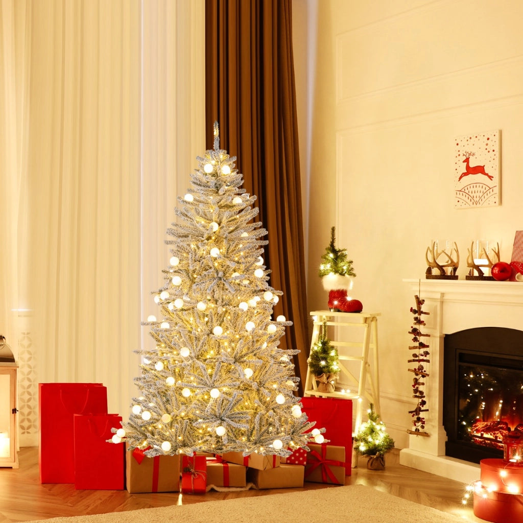 Albero pre-illuminato con 51 sfere luminose 250 luci LED bianche calde, 180 cm albero di natale artificiale innevato Argento-Alberi di Natale