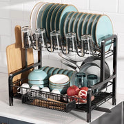 Set di supporto e di scarico per cucina, organizzatore per piatti e bicchieri in acciaio inossidabile 2 strati con contenitore per bicchieri, supporto per oggetti, piastra per piatti e setaccio (nero)