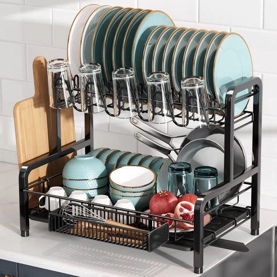 Set di supporto e di scarico per cucina, organizzatore per piatti e bicchieri in acciaio inossidabile 2 strati con contenitore per bicchieri, supporto per oggetti, piastra per piatti e setaccio (nero)