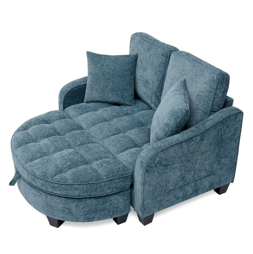 Divano letto trasformabile con pouf contenitore; eucalipto; blu; 132 x 129 x 93 cm