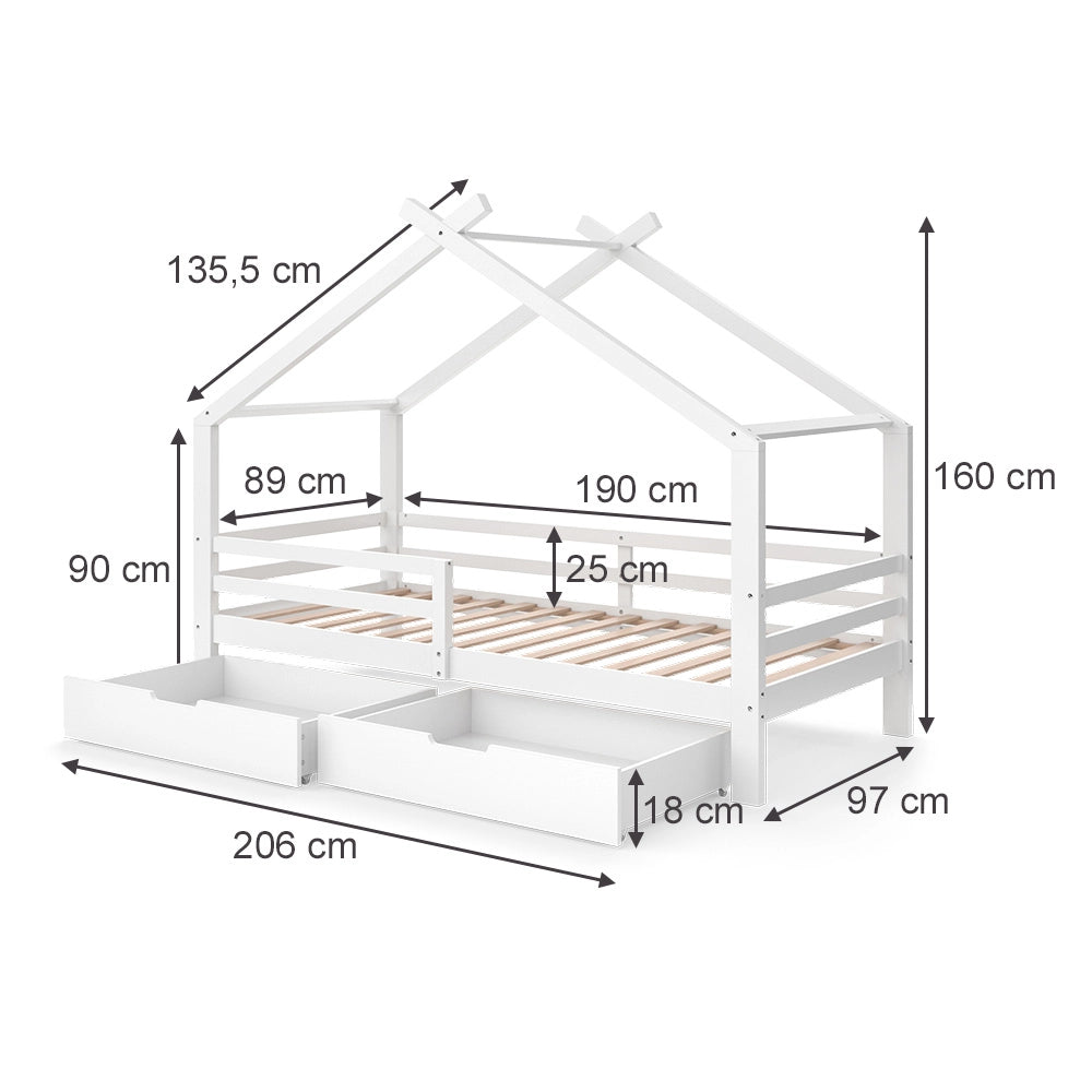 Vitalispa Letto montessori bambini Bianco 200 x 90 cm con cassetti e materasso