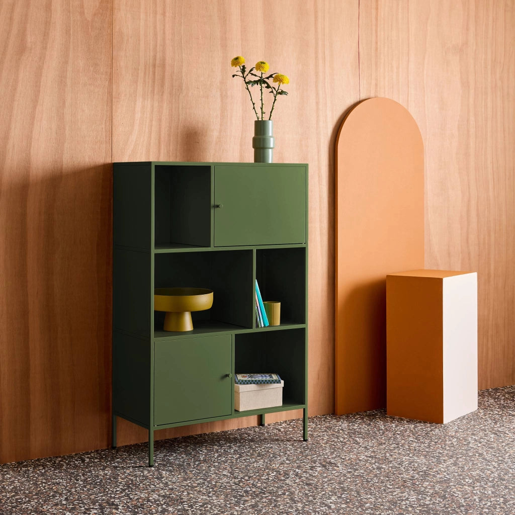 Credenza industriale in metallo con 6 scomparti, verde