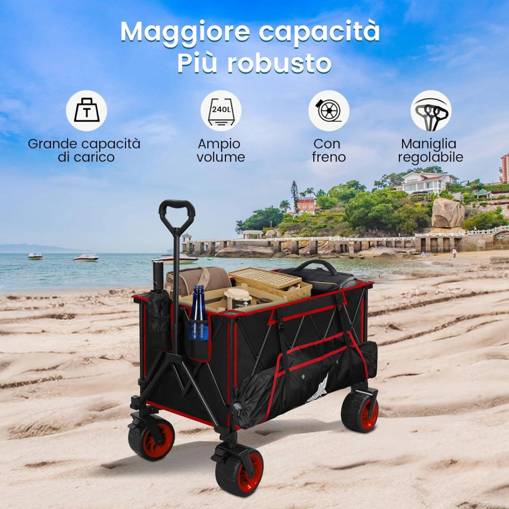 Carrello Pieghevole con Ruote da Spiaggia, Giardino, Campeggio, Viaggio, Spesa, con Borsa di Trasporto, Oxford+Acciaio, Nero+Rosso