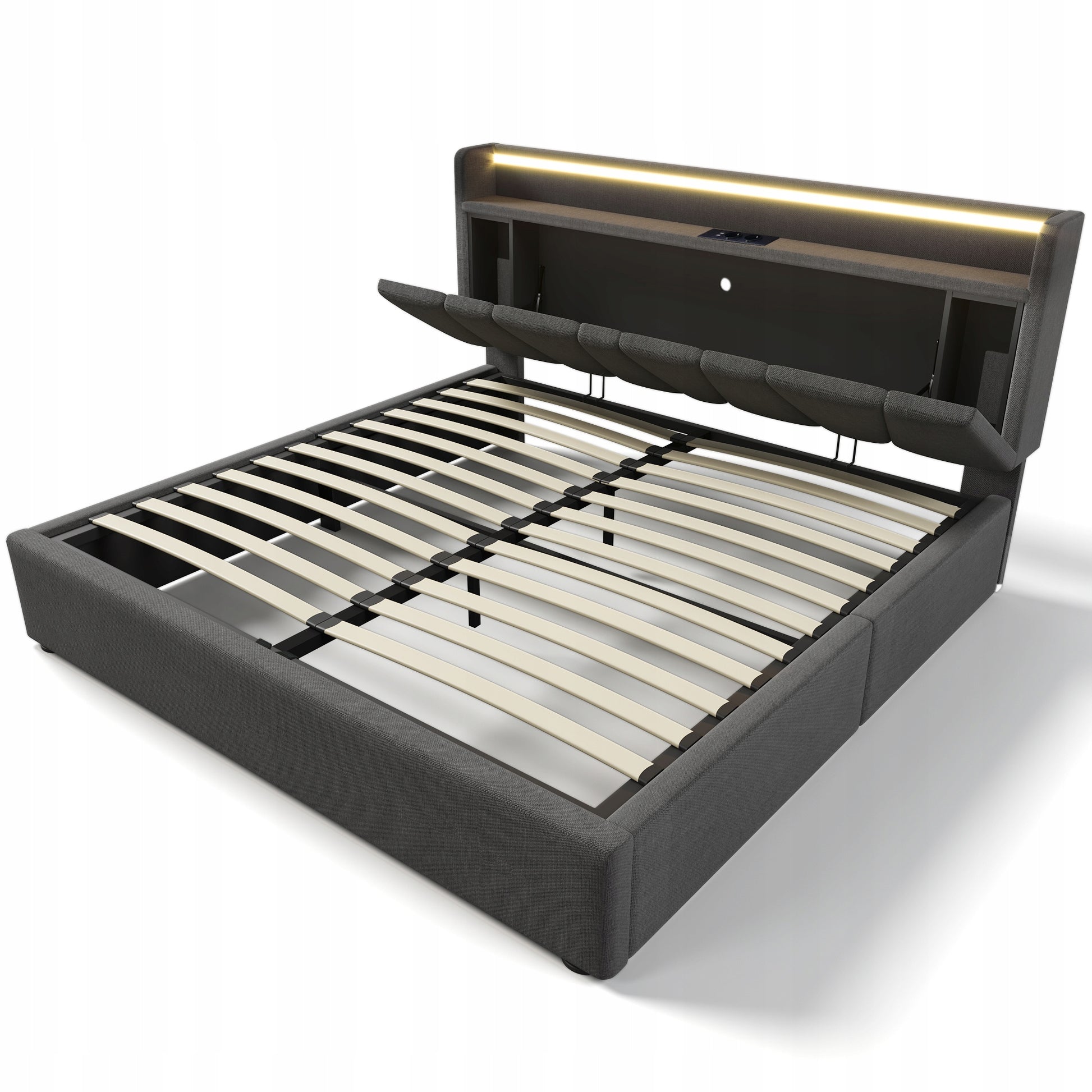 Letto imbottito con USB e LED - Xylo - 160x200 - Grigio - Con materasso