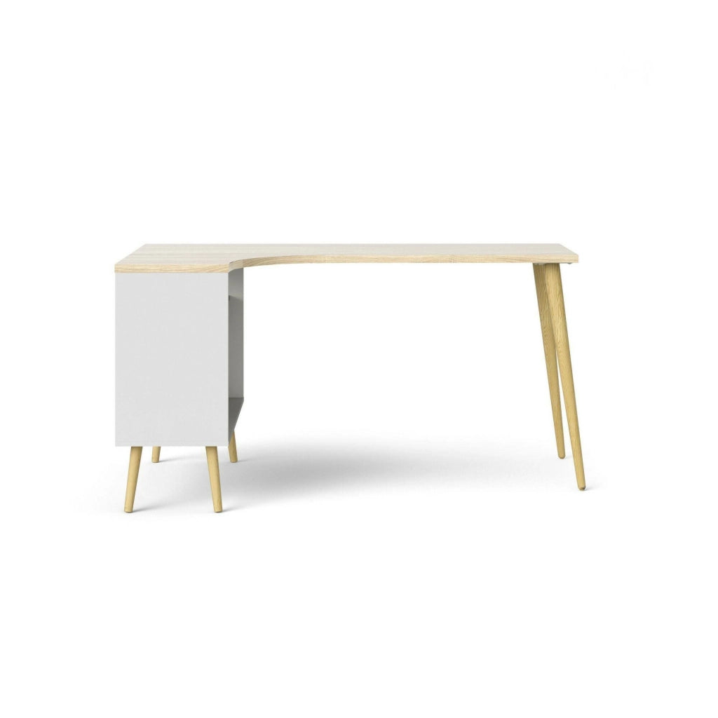 Scrivania Katherine, Scrittoio multiuso, Tavolo per ufficio porta PC, Piano di lavoro, 145x81 h76 cm, Bianco e Quercia