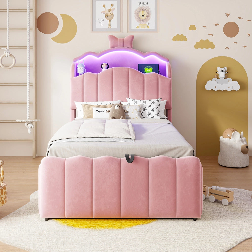 Letto multifunzione per bambini 90x200 cm rosa con LED e USB-C