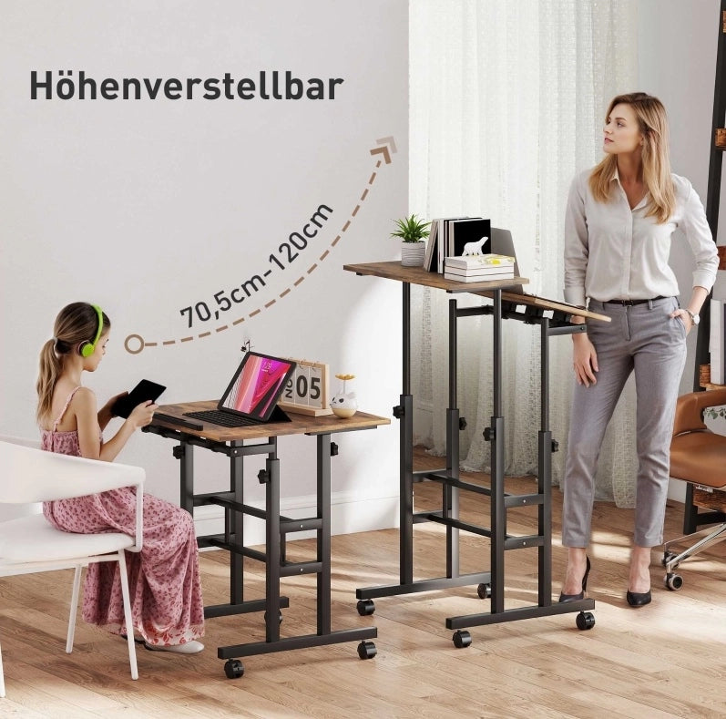 Scrivania sit-stand 60x60x70，5-120 cm in MDF marrone rustico con ripiano e ruote