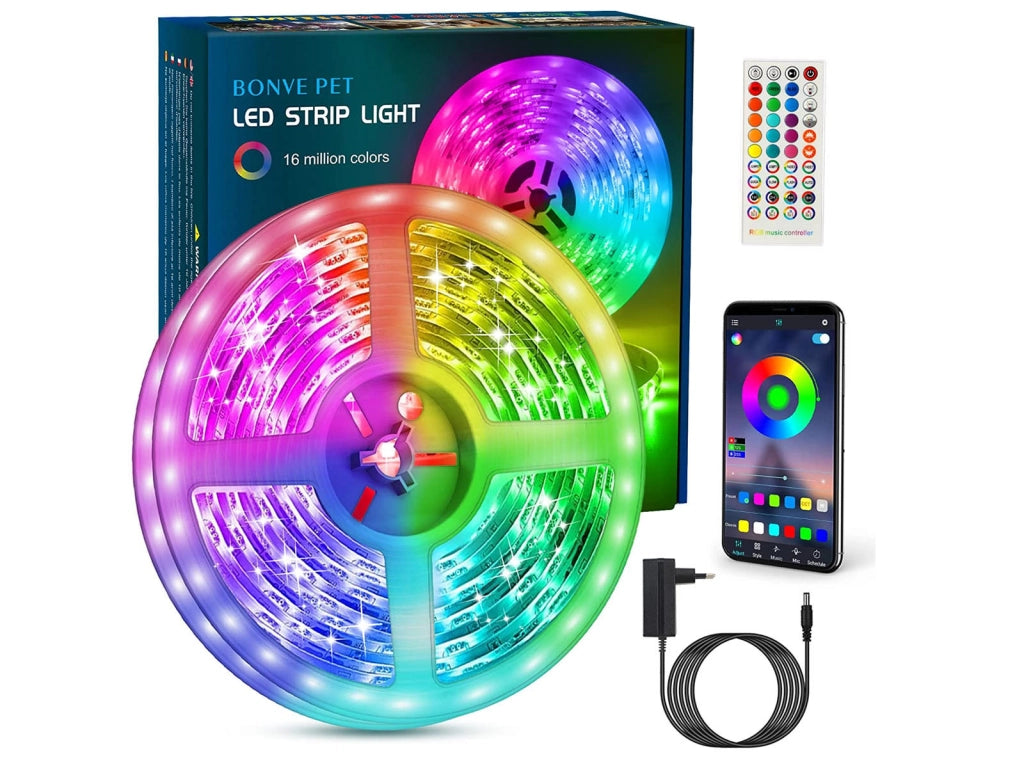 Striscia Led 10 Metri Bonve Pet RGB 5050 Controllo APP e Telecomando 40 Tasti Funzione Musicale Bluetooth Luci Led Colorate per Decorazioni Camera da Letto Bar Festa Casa