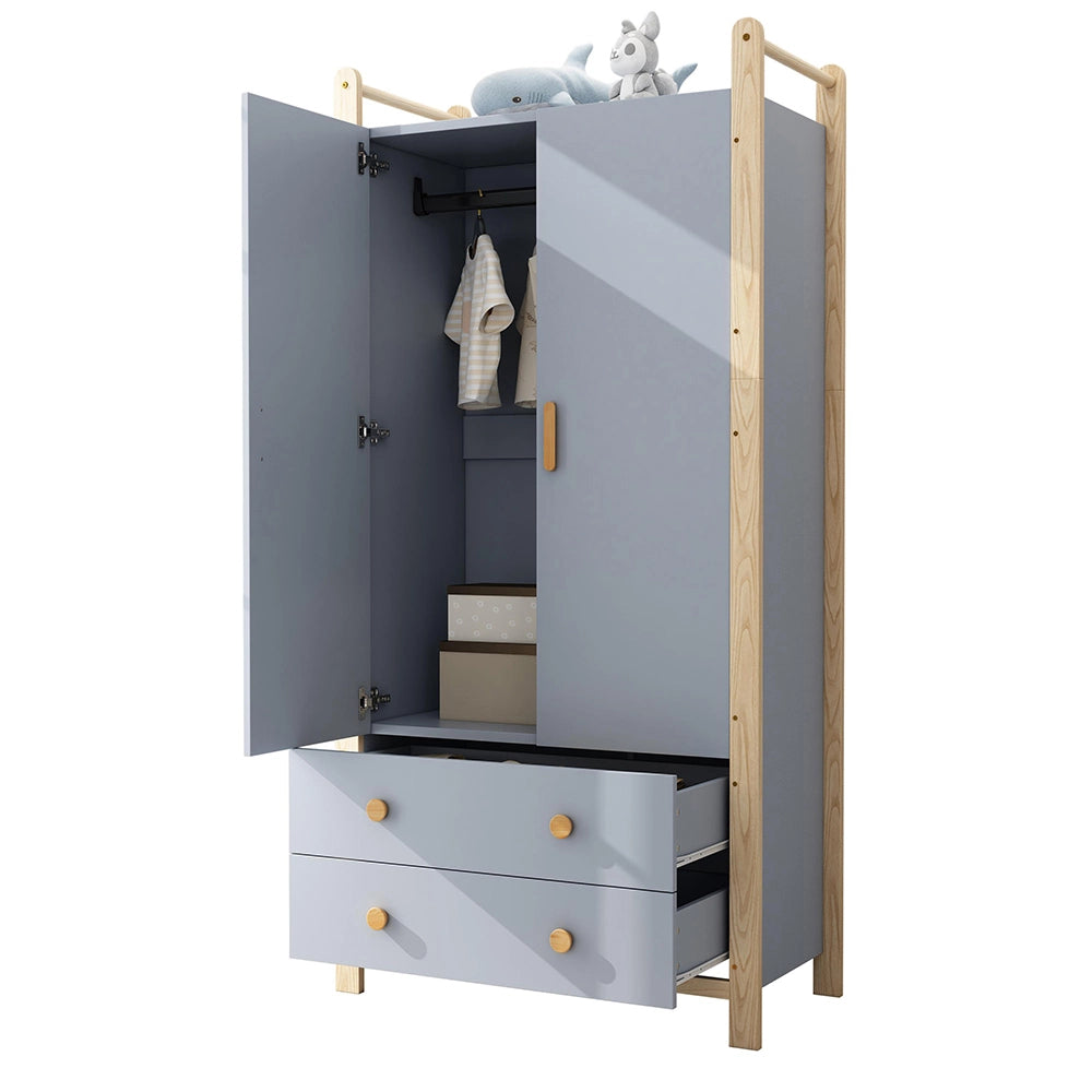 Armadio 2 ante 90x45x180 cm - Xylo - con appendiabiti, 2 cassetti, blu e telaio pino, per camera