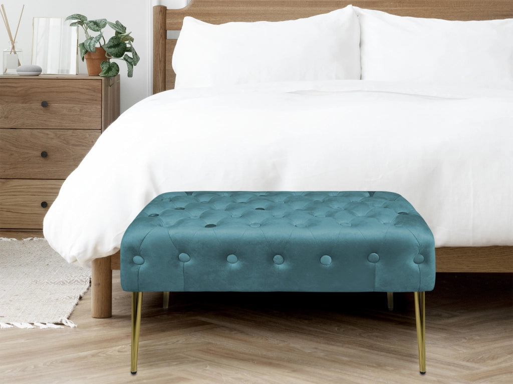 Panca Imbottita Divanetto In Velluto Sgabello A Pie Di Letto Con Gambe In Metallo Dorato Panchina Ingresso Legno Massello Pouf - Petrolio