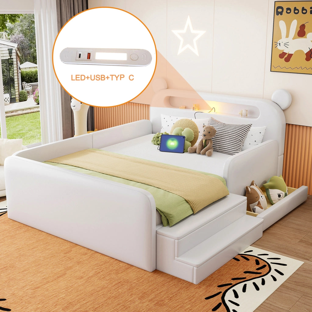 Letto imbottito per bambini con testiera a orso e USB, 140x200 cm, bianco