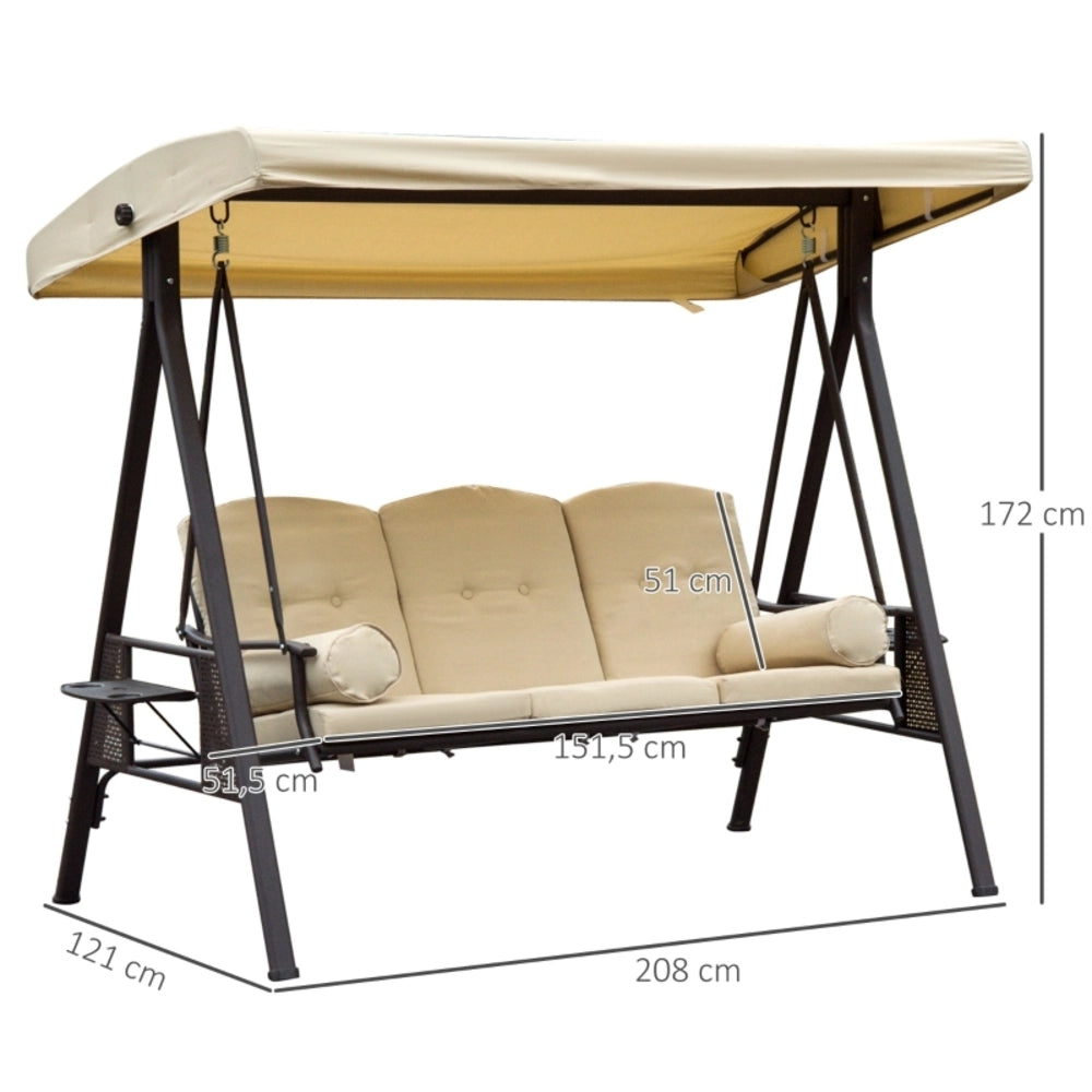 Dondolo da giardino 3 posti con tettuccio inclinabile 121x208x172 cm in metallo; beige e marrone