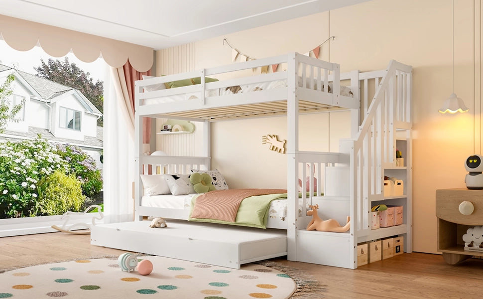 DESMIU Letto a castello 1 posto 90 × 200 cm con ripiani a scala, letto estraibile, senza materasso, bianco