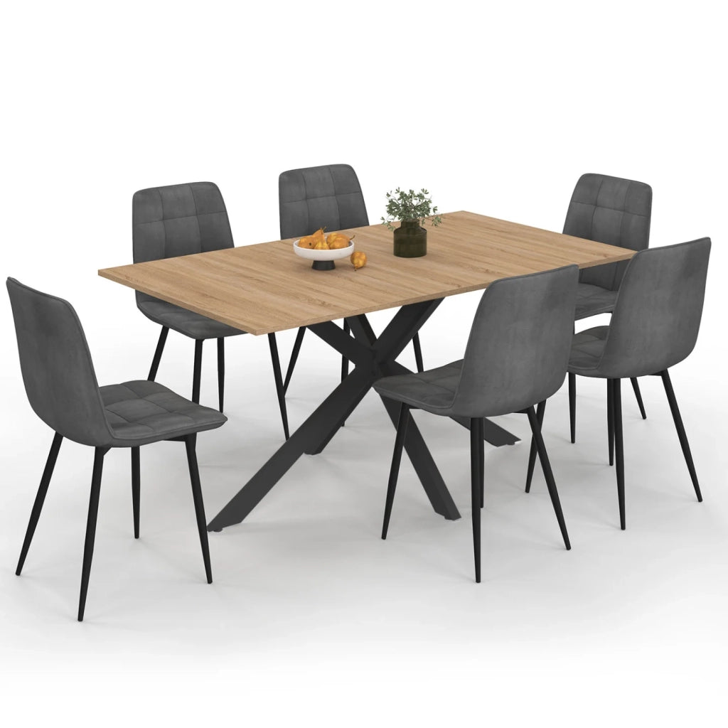 IDMarket - Tavolo da pranzo rettangolare ALIX 160 cm in legno e nero con 6 sedie MILA in velluto grigio scuro