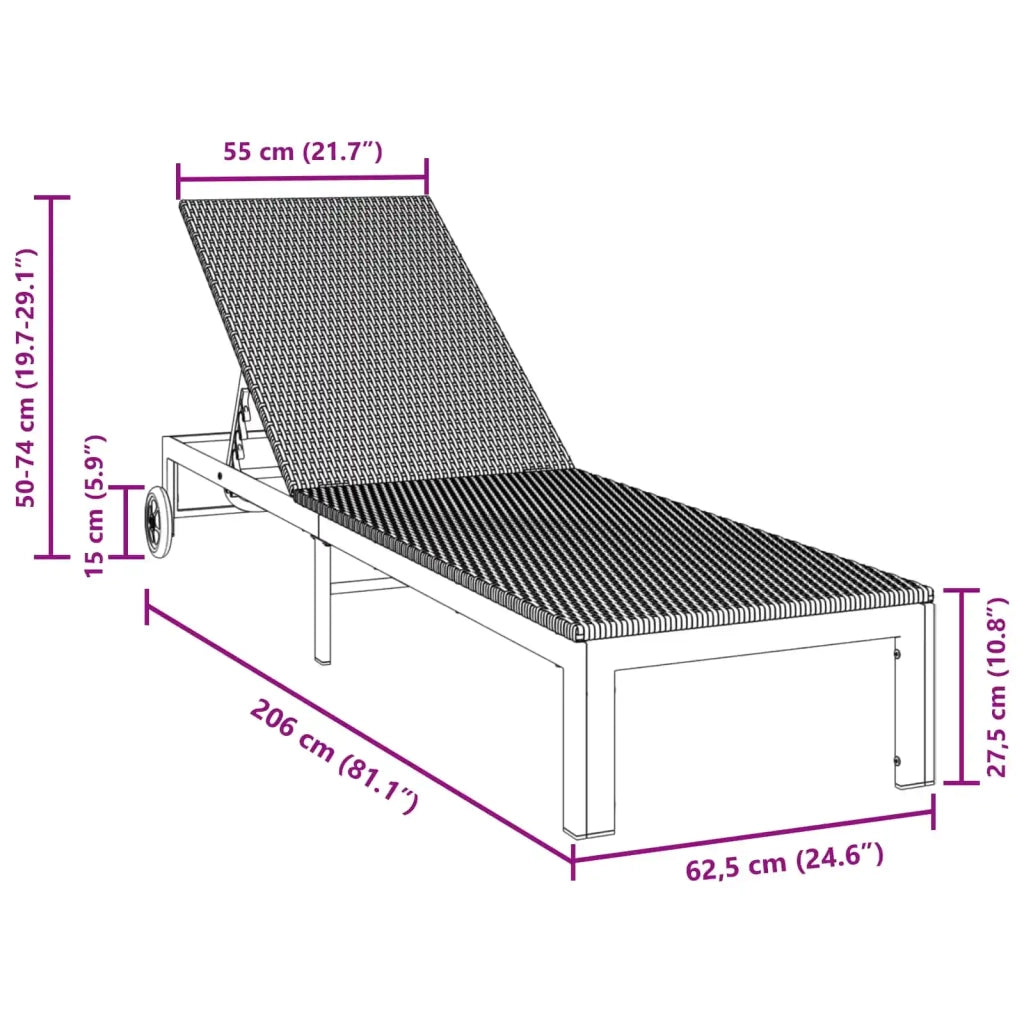 Lettino da Sole Nero 206 x 62.5 x 74 cm polyrattan 42004129