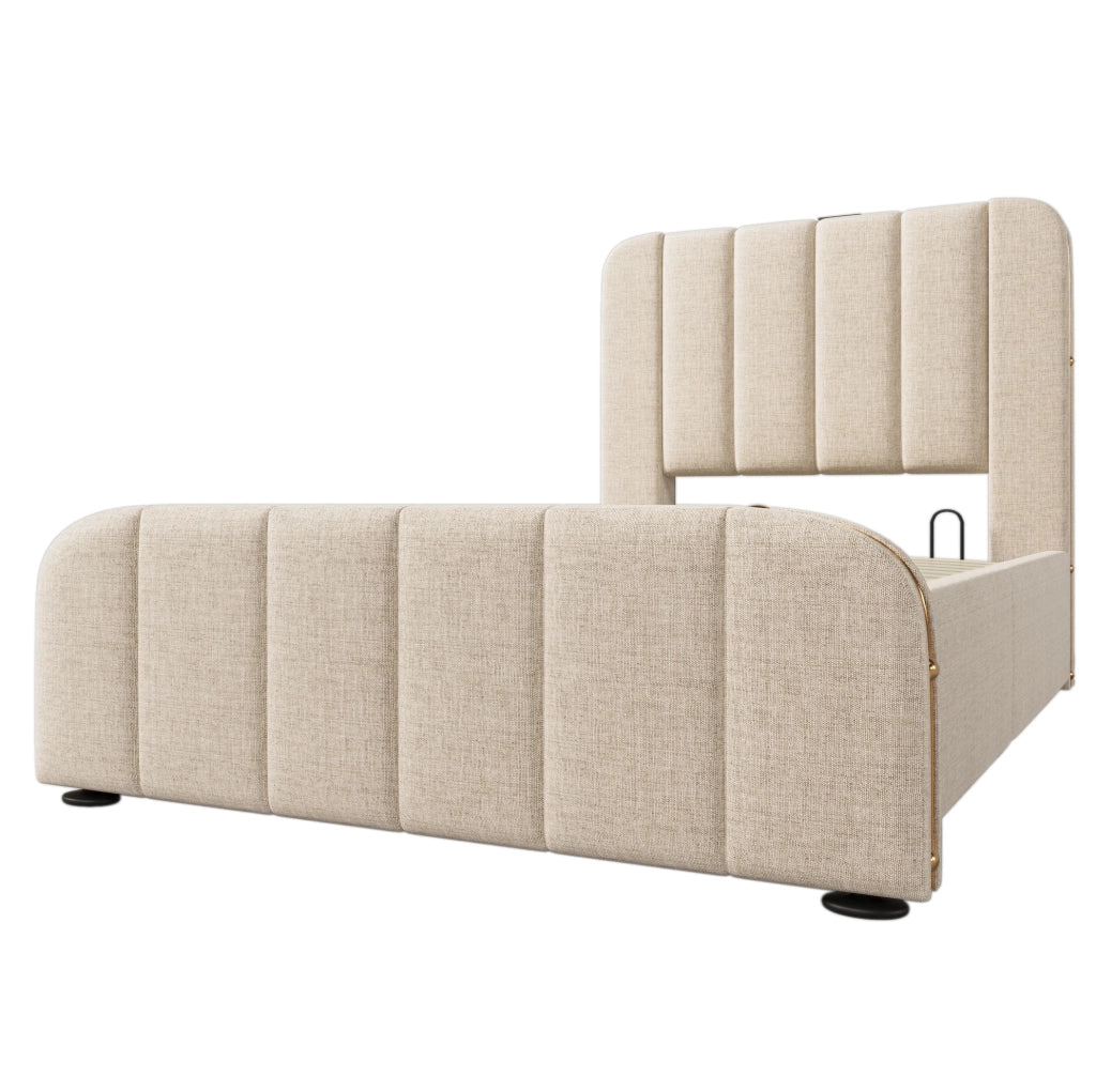 Letto singolo contenitore 90x200 cm con USB C e USB; testiera imbottita in lino beige
