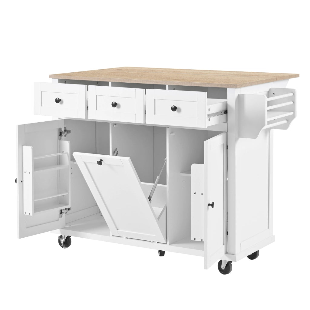 OKWISH Carrello da cucina con 2 cassetti, vano per rifiuti, portaasciugamani e piano ribaltabile, MDF, 112 x 46.2-76.2 x 92.7 cm