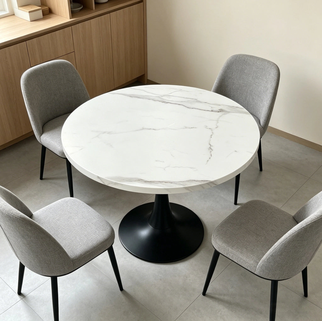 Tavolo rotondo Ø 80 cm effetto marmo bianco con base nera