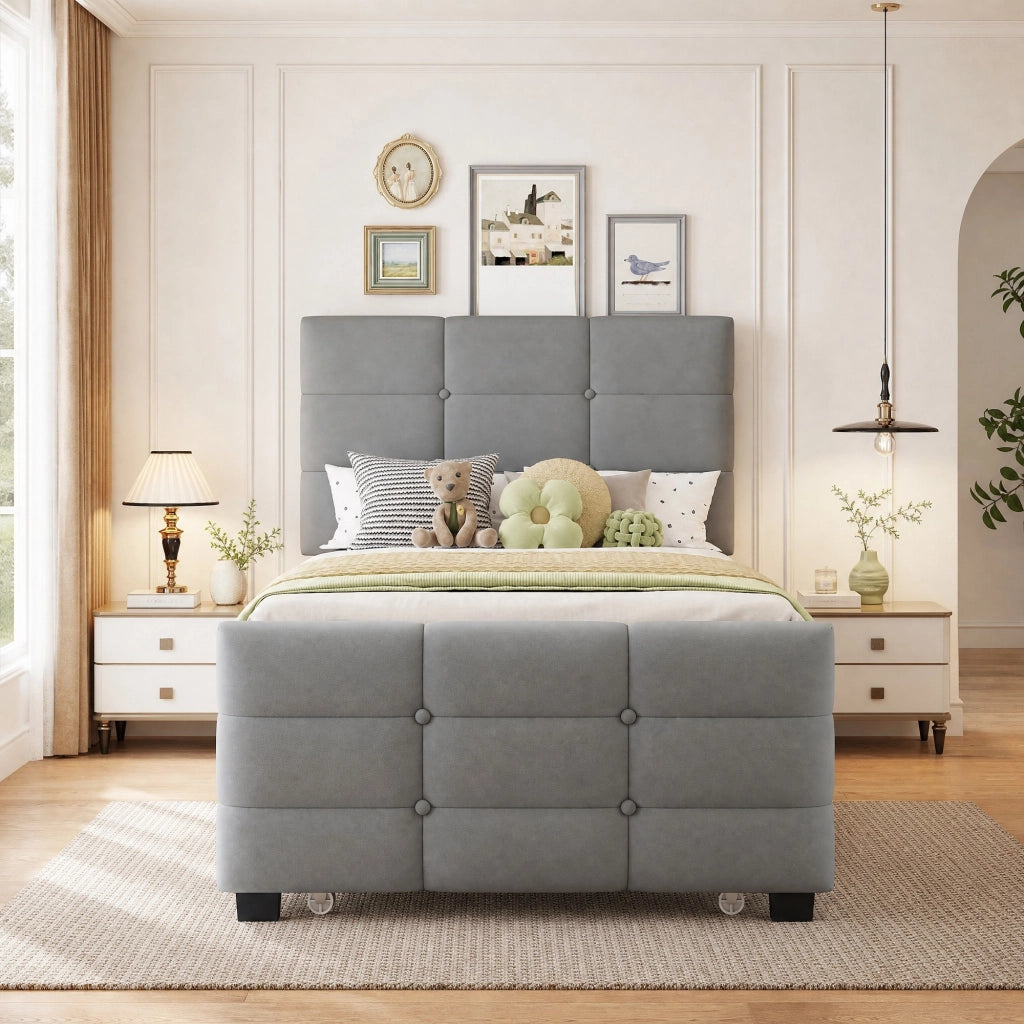 LETTO per bambini 90x190 cm con letto estraibile in velluto grigio