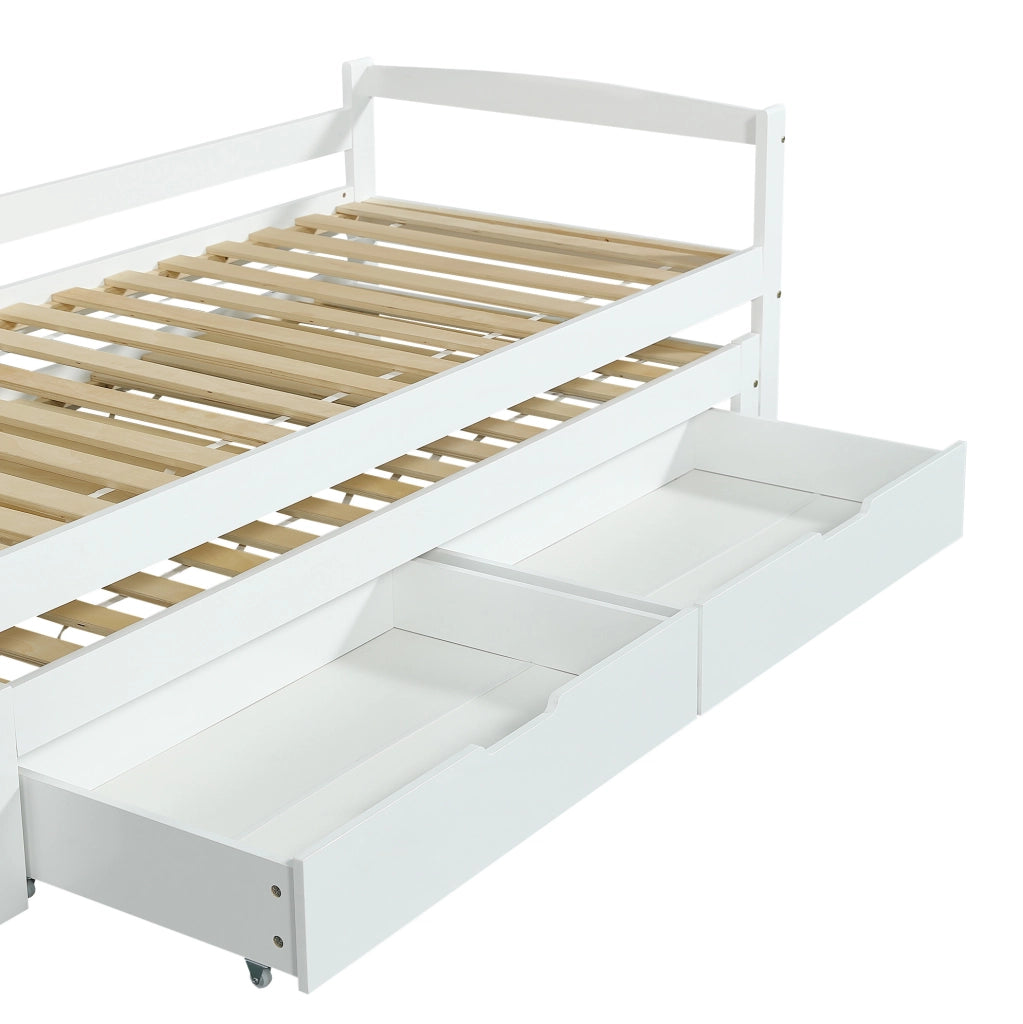 Letto multifunzione con letto estraibile, 2 cassetti e struttura in legno bianco