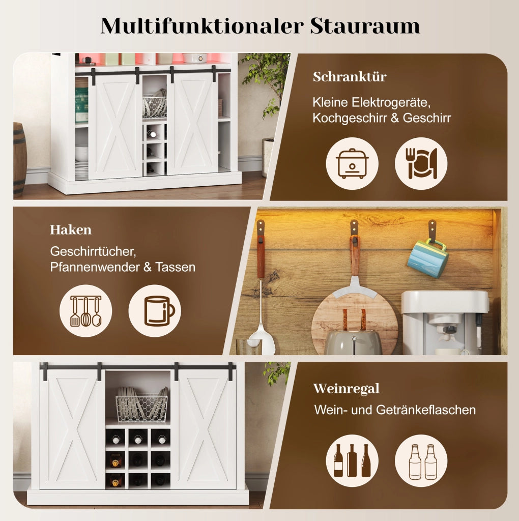 Mobile cucina alto 110x40x191 cm con LED; prese USB; ripiani e vetrina; bianco naturale