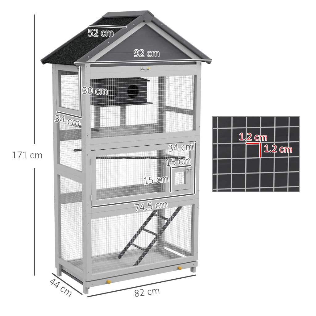 Voliera per Uccellini a 3 Porte con Casetta e Vassoio. in Legno e Metallo. 92x52x171 cm. Grigia e Nera