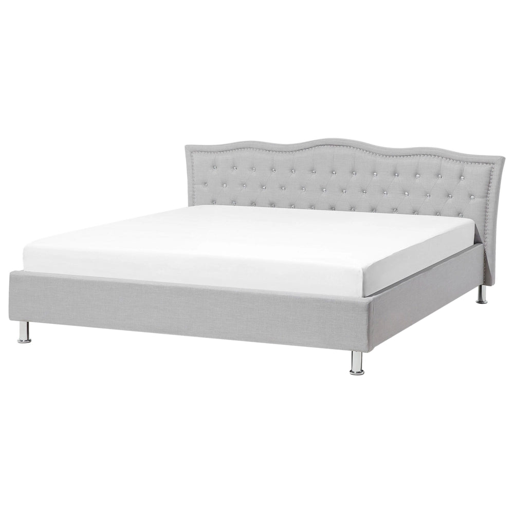 Letto 180 x 200 cm Tessuto grigio Cornice imbottita Bottoni in cristallo Poggiatesta con cornice imbottita