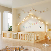 Letto a casetta 90x200 cm con parapetti di sicurezza; protezione perimetrale e ghirlanda LED; pino e MDF; naturale