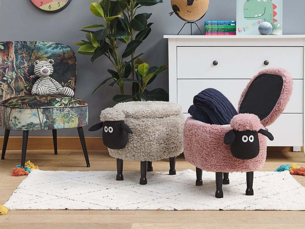 Pouf animaletto Sgabello per bambini Poggiapiedi in pelliccia sintetica rosa con gambe in legno portaoggetti Seggiolino per bambini