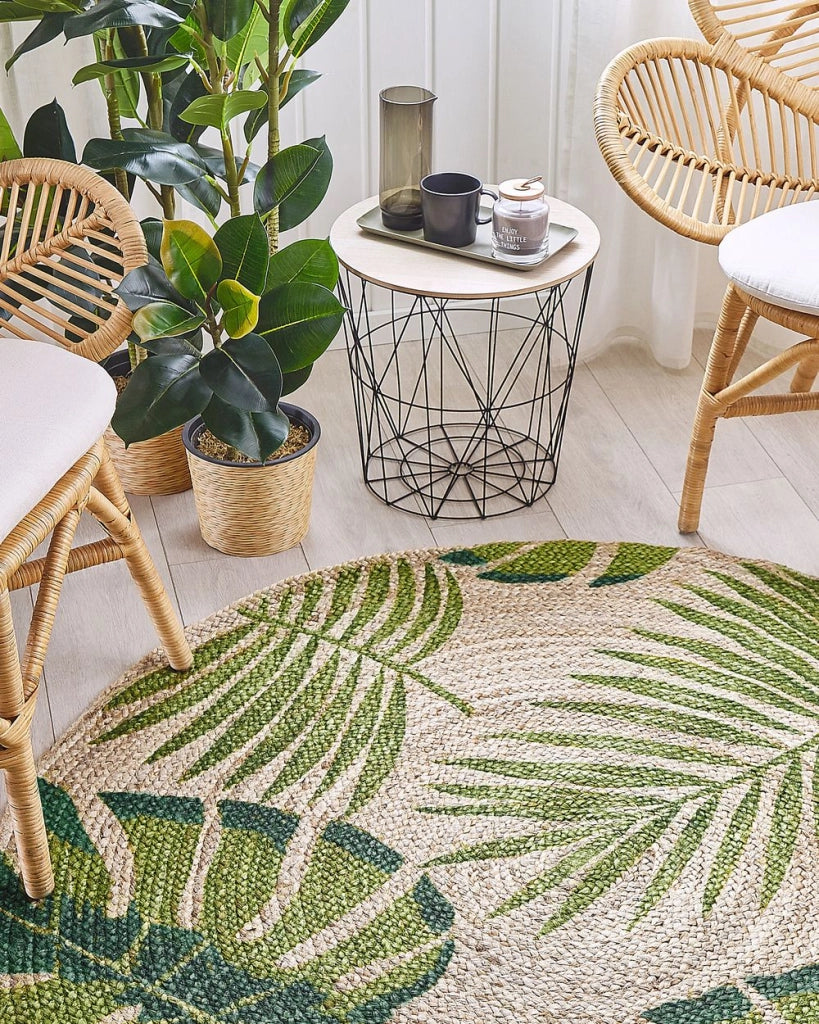 Tappeto in iuta con motivo stampato a foglia di monstera intrecciata verde Boho rustico 140 cm