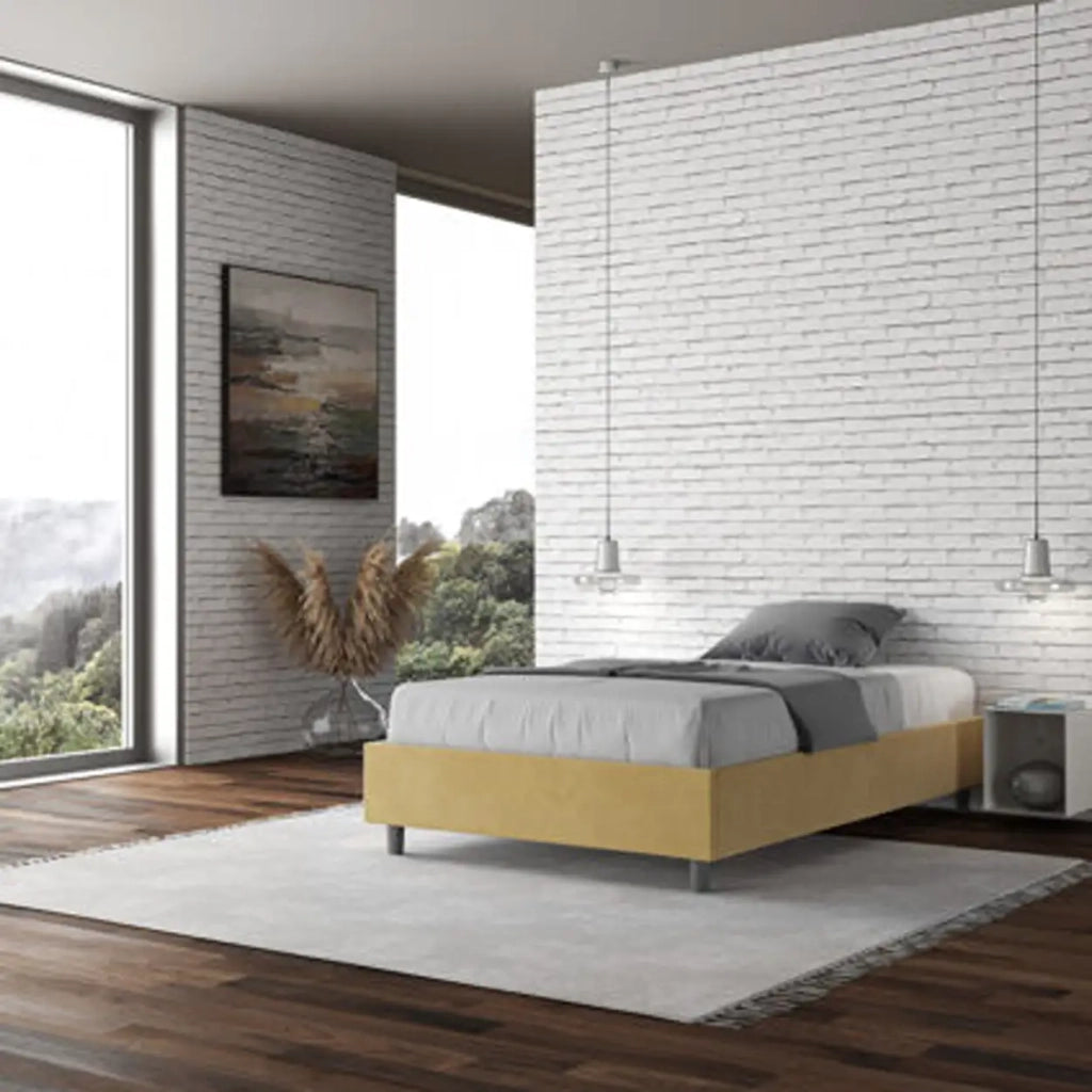 Letto una piazza e mezza con rete imbottito 120x210 microfibra ocra Azelia
