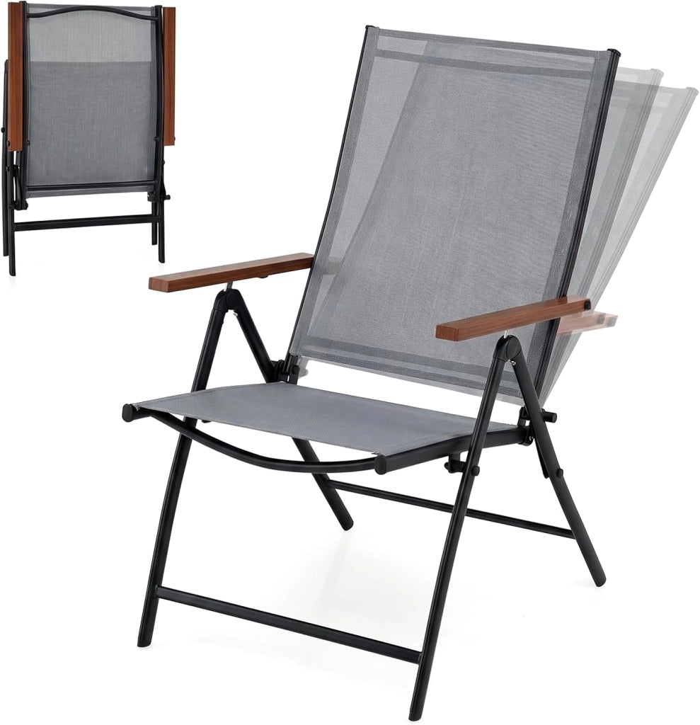 Set di 2/4 Sedie da Giardino Pieghevole, Struttura in Metallo, Poltrona in Tessuto Traspirante, Schienale Regolabile, per Balcone, Giardino, Terrazzo, Portata 150 kg (2,Grigio)