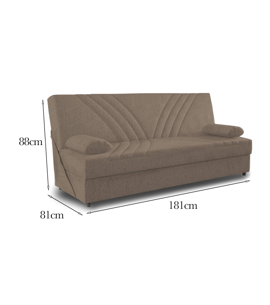 Divano letto Apicella, Divano letto contenitore a 3 posti con 2 cuscini inclusi, SofÒ  da soggiorno in tessuto imbottito con apertura click-clack, Cm 181x81h88, Beige