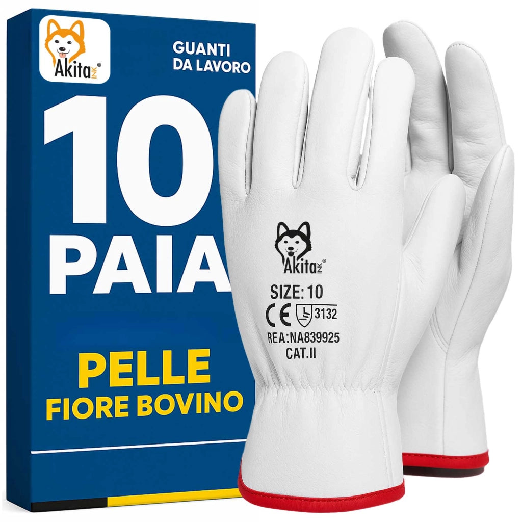 Akitaink Guanti da Lavoro Pelle Bovino 10 Paia Taglia 10