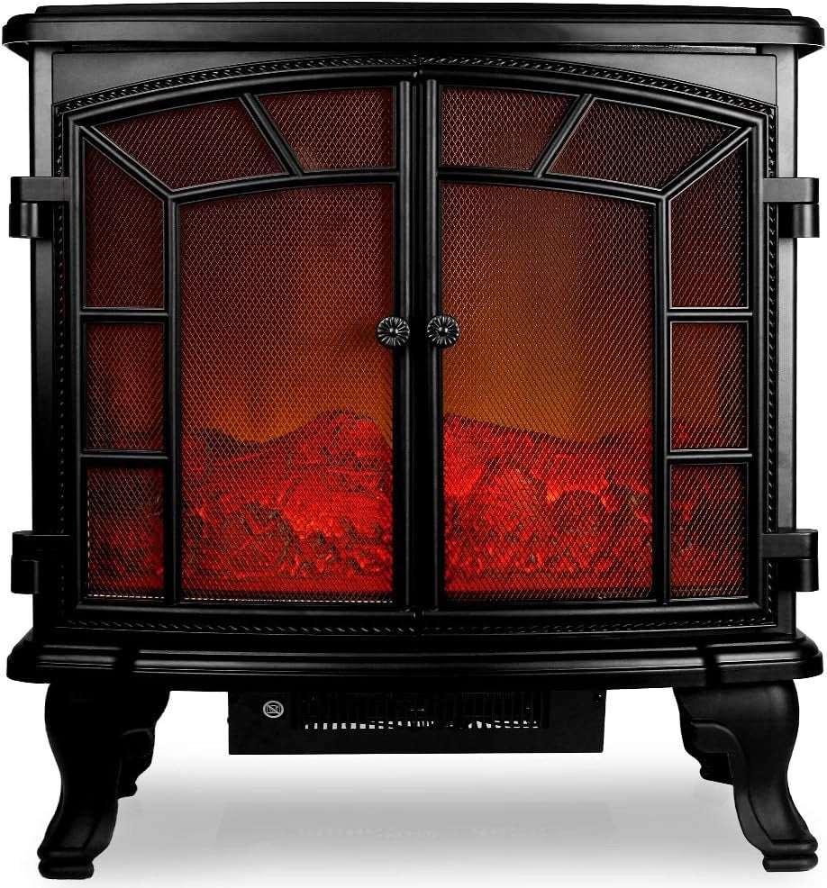 DEUBA® Caminetto Elettrico 2000W Termocamino Luce LED Effetto Fiamma Realistico Stufa Elettrica Camino Nero Doppia Porta