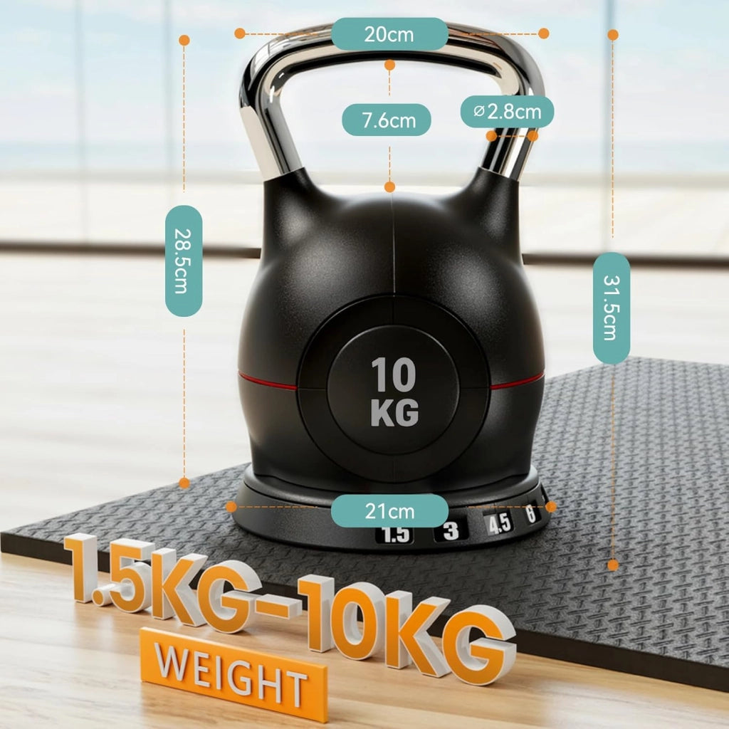 Kettlebell Regolabile 7 in 1, 20 kg Kettlebell con 7 Livelli di Peso, Manubrio per Allenamento a Casa & Fitness, Ideale per Allenamento Completo del Corpo, Compatto & Salvaspazio (Nero, 10kg)