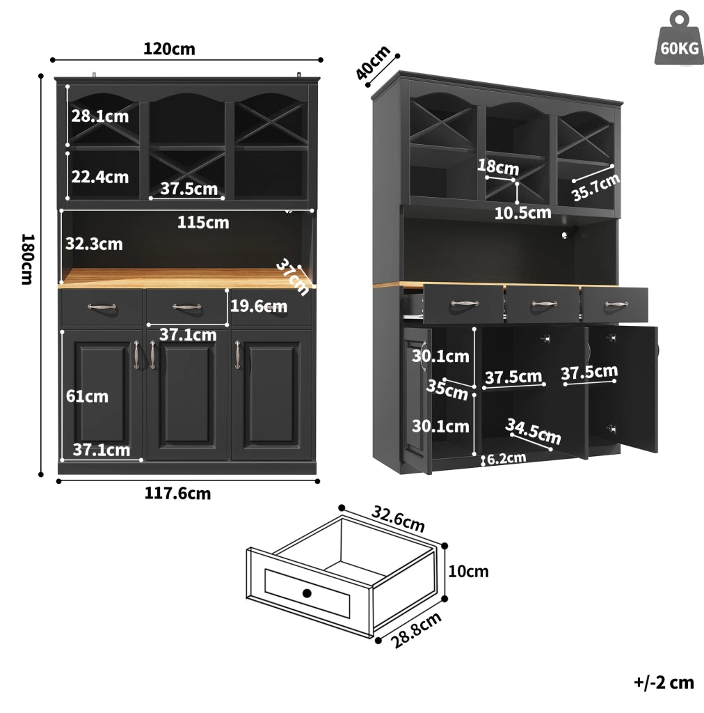 Credenza da cucina nera con LED, 3 ante e 3 cassetti