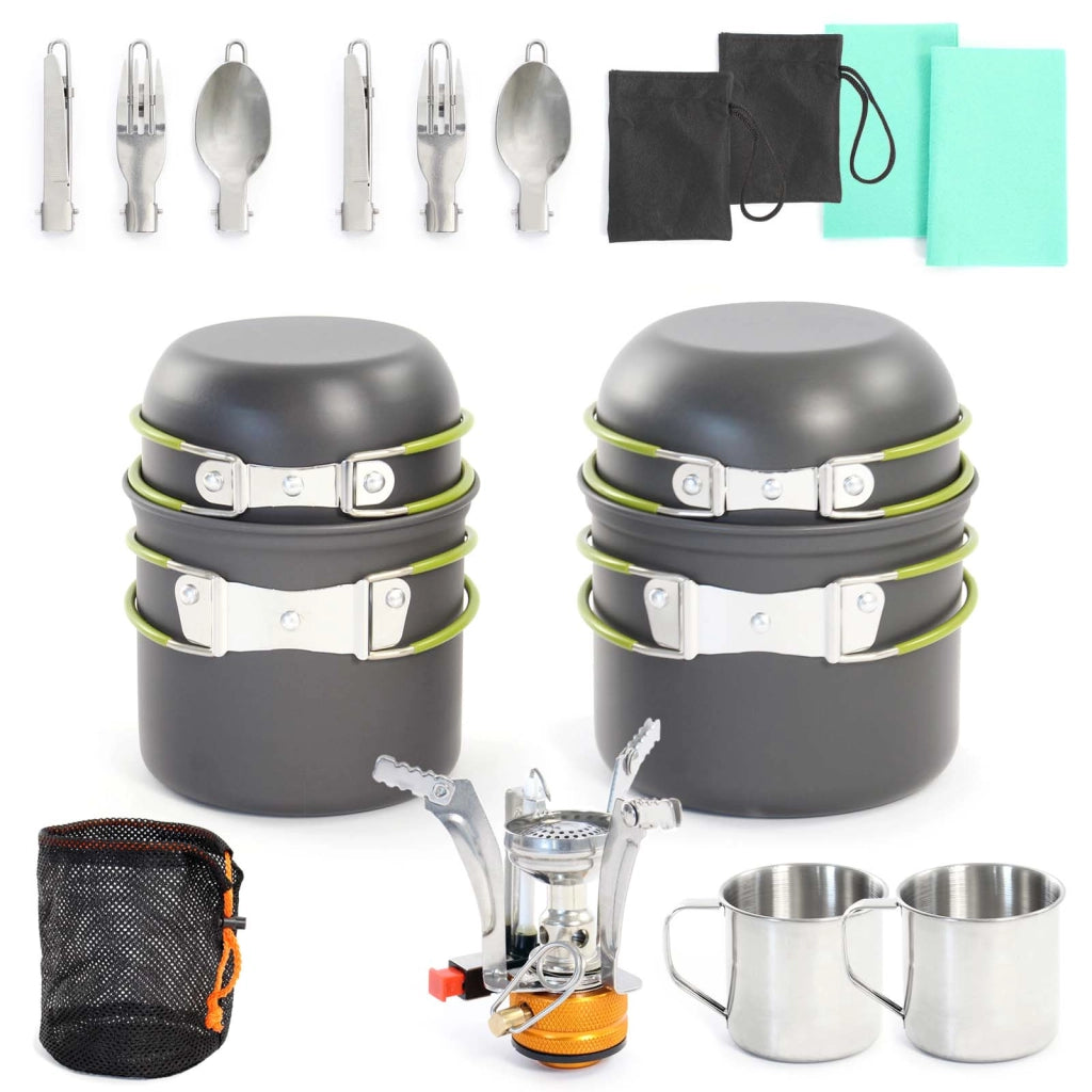 Toboli Set di stoviglie da campeggio 16 pz con posate, padelle, pentole, fornello