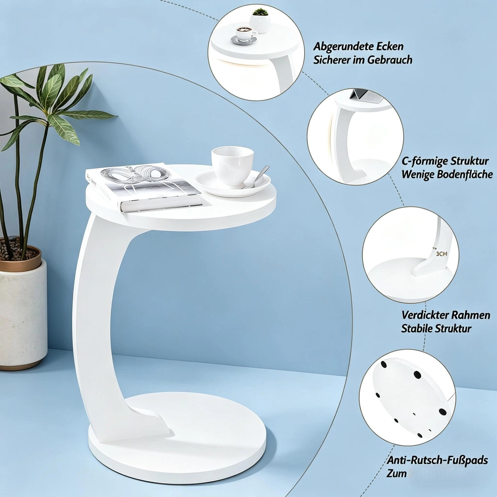 Tavolino basso rotondo a C in MDF con piano resistente e base stabile, per soggiorno e camera, bianco, 38 × 55 cm