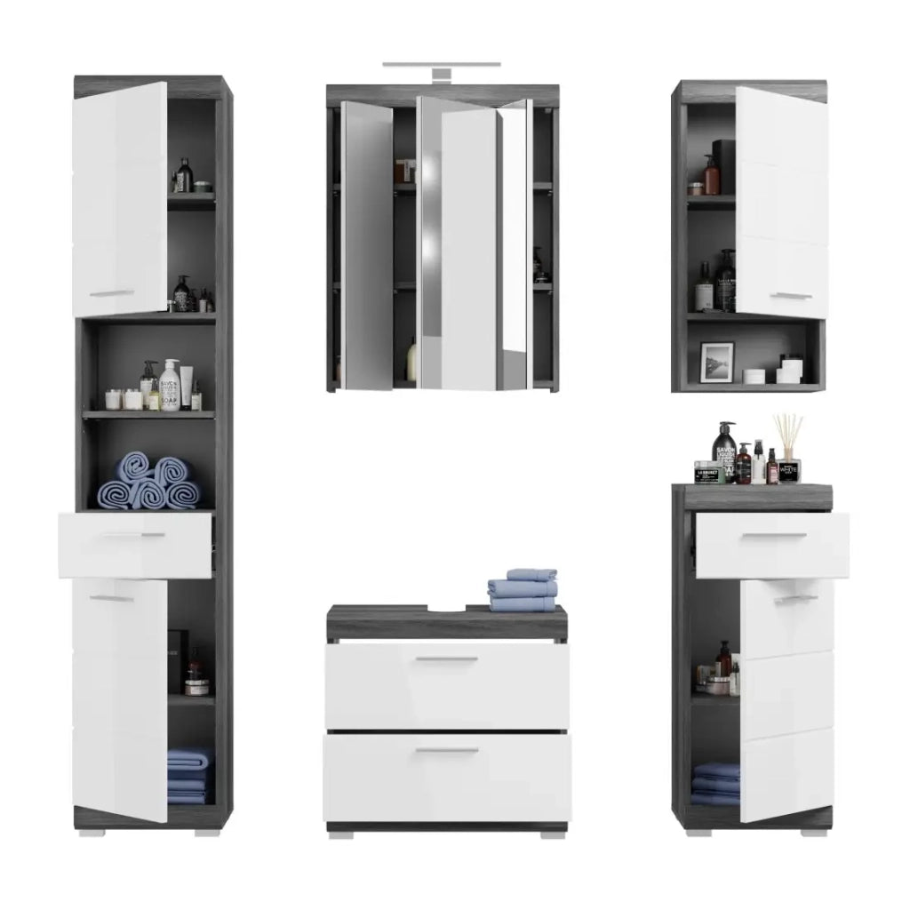 Set bagno SCOTT – Mobile sotto lavabo, specchio LED, colonna e mezze colonne