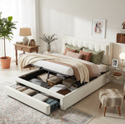 Letto imbottito contenitore in velluto beige con testiera regolabile e 2 cassetti