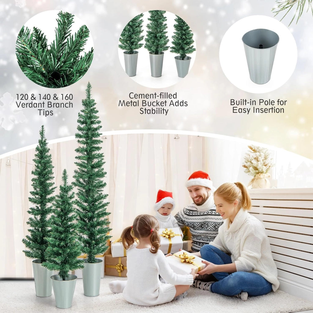 Set di 3 Albero di Natale Artificiale in Vaso con Alberi Finti da 90/120/150 cm, Alberi di Natale Sottili a Matita con Secchi in Metallo Argentato, Decorazione Festiva (Verde)