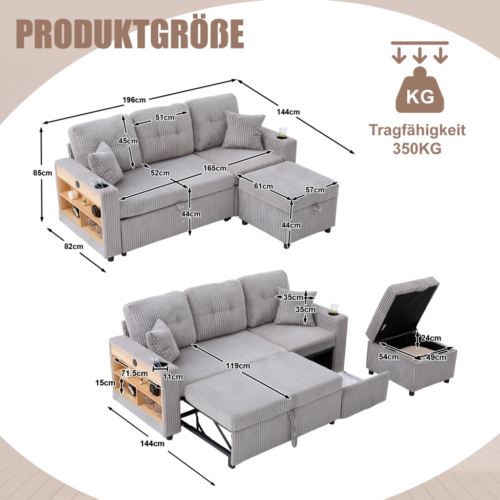 Divano letto con contenitore estraibile con USB-C e LED in velluto a coste grigio chiaro 196 × 82 × 85 cm