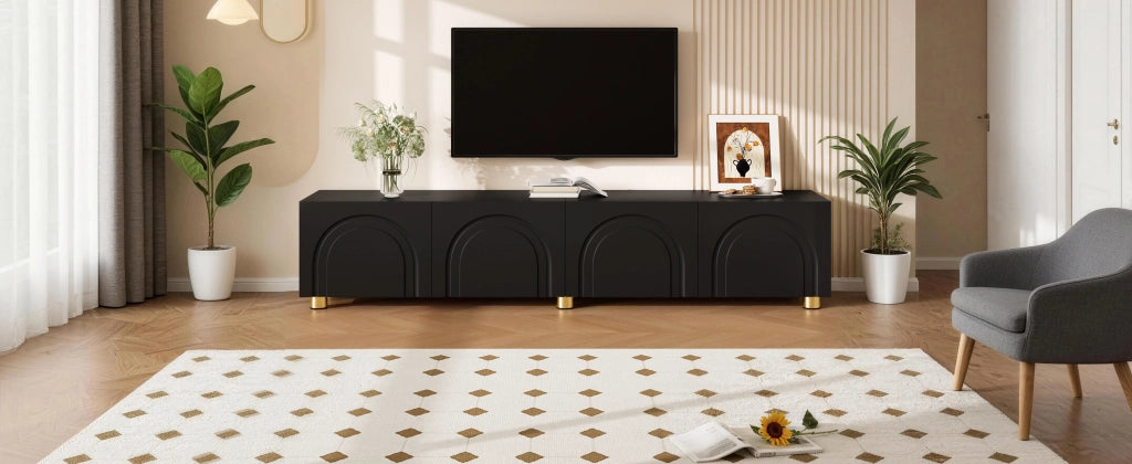 Mobile porta TV con 4 ante e rilievo ad arco, per soggiorno, in MDF e pannello truciolare, nero, 180 × 35 × 40 cm