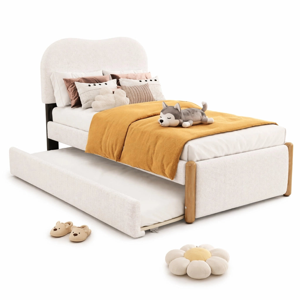 Letto imbottito 90x200 cm con letto estraibile, bianco, struttura in Plush e MDF
