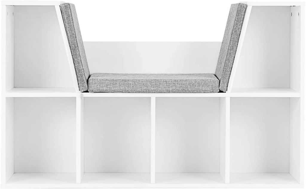Libreria con Cuscino da Seduta, 6 Scomparti e 2 Ripiani con Panca Cameretta dei Bambini, Ufficio, Bianco
