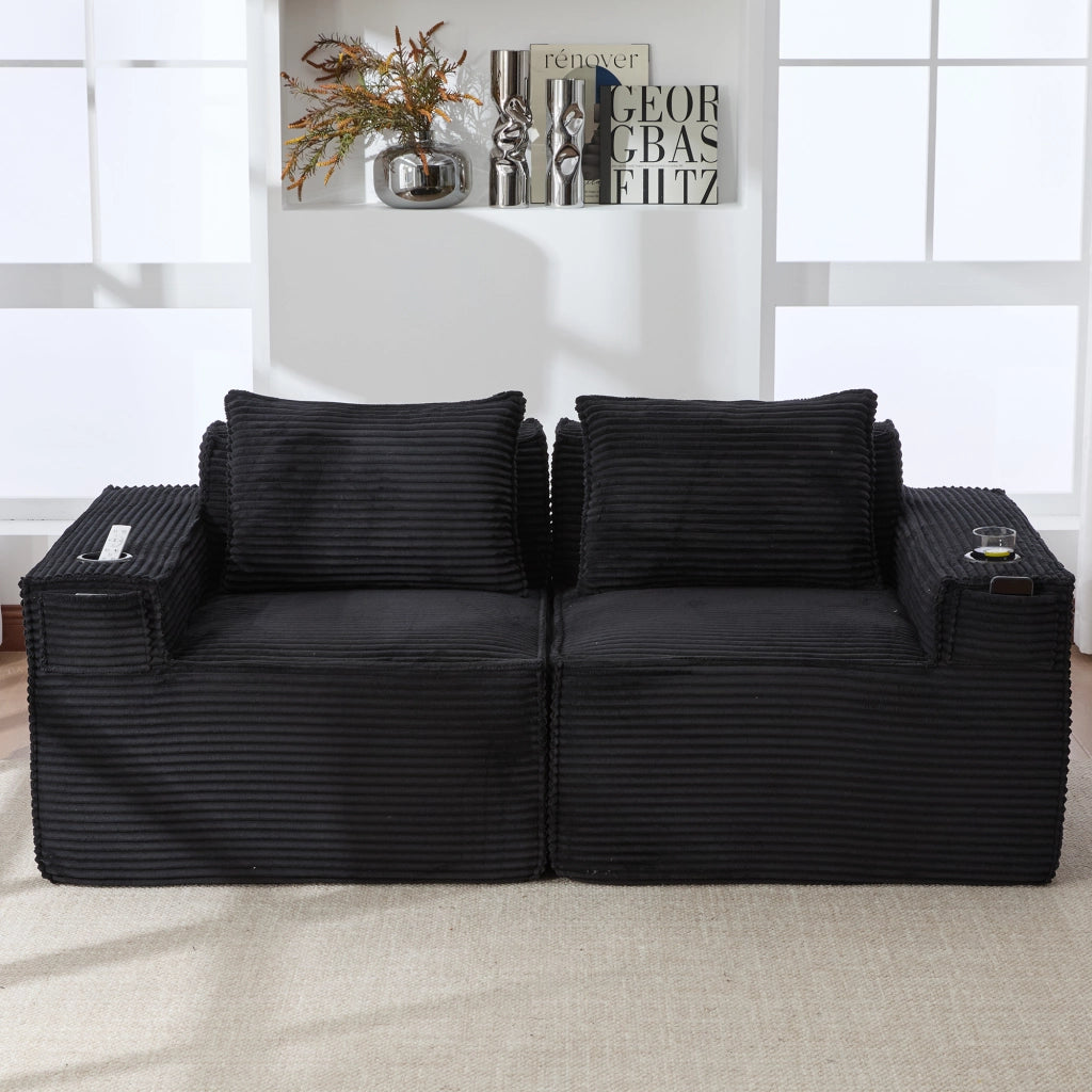 Divano modulare a 2 posti in velluto a coste con portabicchieri e tasche laterali nero per soggiorno 188 × 90 × 75 cm